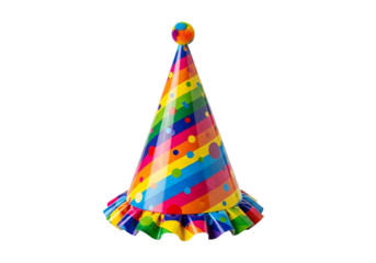 Vibrant party hat with rainbow stripes and polka dots stands out against a black background.