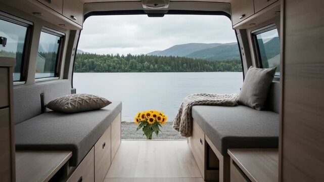 Cozy camper van interior overlooking a tranquil lake scene, Sunny yellow sunflowers on the shore from a comfortable van interior