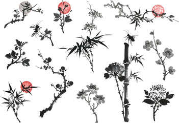 Elegant collection of traditional chinese ink wash paintings featuring delicate blossoms bamboo and floral sprigs
