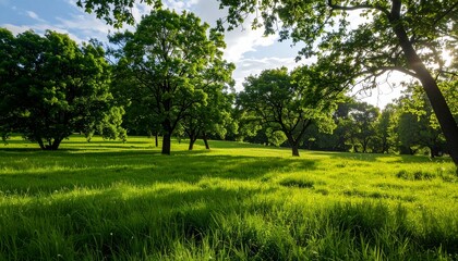 Fototapeta premium Green field with trees and sunlight