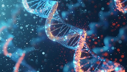 Abstract digital rendering of a DNA double helix structure with glowing particles against a dark background.