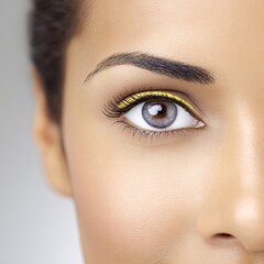 Obraz premium Close-up portrait of an African American woman showcasing her expressive eyes with bold yellow eyeliner, highlighting beauty and confidence in a soft, natural light setting