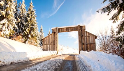 Snowy Road Leading to Wooden Gate
