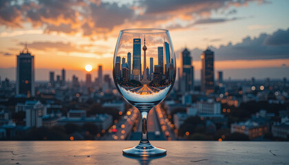 A glass filled with urban scenery shows a stunning city skyline during sunset. The colors blend beautifully as day turns to night, showcasing architectural highlights and vibrant hues
