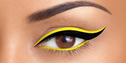 Obraz premium Close-up of a woman's eye showcasing bold yellow and black eyeliner design, highlighting artistic makeup application and enhancing beauty features in a striking visual display