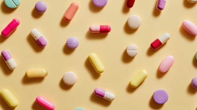 An artistic display of colorful pills and tablets scattered across a warm yellow surface, evoking themes of medicine and health.