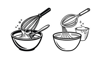 Hand drawn illustration of whisking ingredients in bowls for baking or cooking