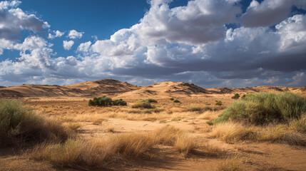 Fototapeta premium Expansive desert landscape under a dramatic sky filled with cumulus clouds formation