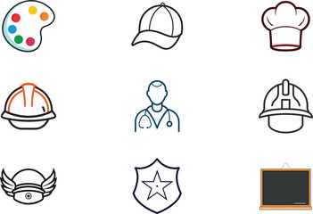 Collection nine profession icons including artist palette chef hat doctor colors