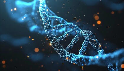 Abstract representation of a DNA strand, detailed and glowing, against a dark background.