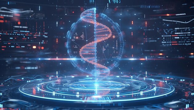 Holographic DNA helix displayed on futuristic technological interface.