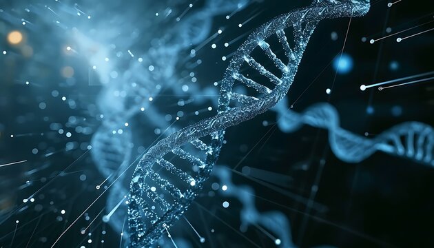 A close-up, digitally rendered depiction of a DNA double helix structure, glowing.