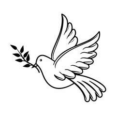 Dove in flight carrying an olive branch in its beak, a symbol of peace and hope, outlined in black