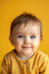 Fototapeta premium Adorable baby with bright blue eyes and yellow outfit.
