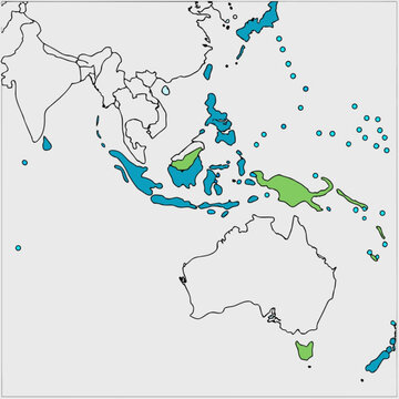 Minimilist map depicting southeast asia and australia with blue and green colored islands and surrounding ocean vector