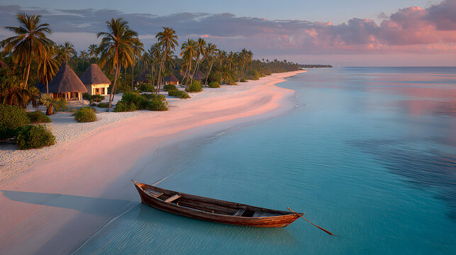 A wooden boat in calm turquoise water near a pink sand beach with palm trees and buildings at sunrise.