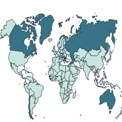 Minimilist world map illustration showing continents and countries in shades of teal on a white background view vector