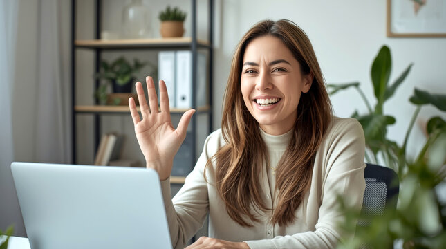 Online Video Conference. cheerful female manager in her late 30s is sitting at her desk, smiling and waving at her laptop camera during a video conference. She is in a tidy home office setting - Powered by Adobe