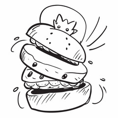 Minimilist stylized black and white drawing of a towering sandwich with tomato and abstract design elements around it vector