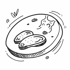 Minimilist hand drawn illustration of two breaded cutlets on a plate with garnish and decorative swirls around it vector