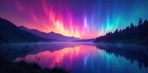 Night sky ablaze with vibrant, ethereal rainbow hues reflected in a tranquil lake, stars twinkling faintly Magical, dreamlike scene , mystical, stunning, dark