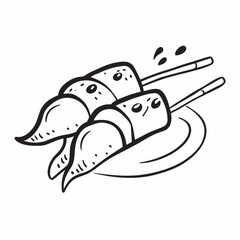 Minimilist illustration of two skewers with food on a plate with some sauce drops in black and white style vector