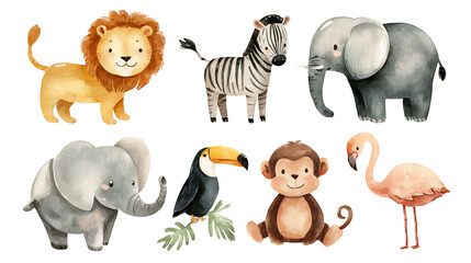 Adorable Watercolor Safari Jungle Animals Isolated on Transparent Background