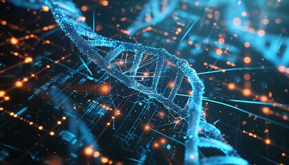 Abstract DNA double helix structure with glowing particles, representing science, technology, and genetic research.