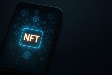 NFT on Smartphone: A futuristic digital display showcases a luminous NFT (Non-Fungible Token) on a modern smartphone, representing the cutting edge of digital art and ownership.