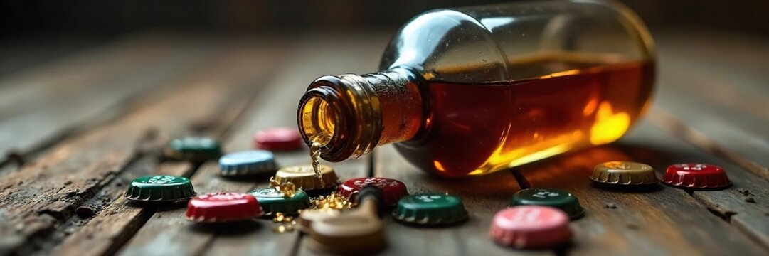 Close-up of an empty liquor bottle, surrounded by scattered bottle caps, on a worn wooden surface, suggesting a history of excessive drinking , danger, dependence, struggle - Powered by Adobe