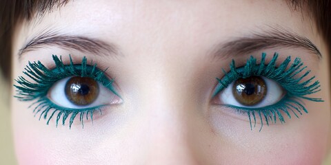 Fototapeta premium Close-up of a young woman with striking green eyelashes and eye makeup, showcasing vibrant colors and artistic beauty in a creative portrait setting