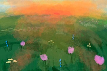 Fototapeta premium Dreamy spring meadow with blooming flowers and gentle light