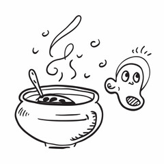 Minimilist a cartoon illustration of a steaming pot with a spoon and a surprised face next to it on a white background vector