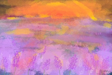 Lavender field at sunset with glowing sky and dreamy colors