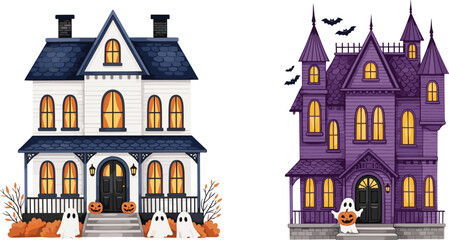 Haunted house illustration, spooky cartoon homes, Halloween decorations, ghost figures, bats flying, festive architecture, cad drawing vector art