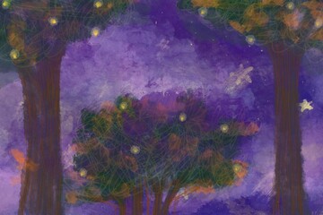 Fantasy forest at night with glowing lights and starry violet sky
