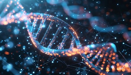 A glowing, detailed 3D rendering of a DNA double helix structure, highlighting the genetic code.