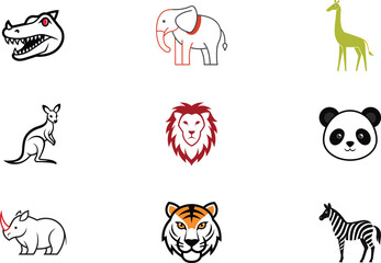 Dinosaur elephant giraffe kangaroo lion panda tiger zebra icons vector