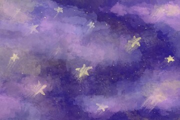 Dreamy starry night sky with purple clouds and glowing stars