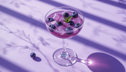 A vibrant cocktail featuring blueberries and a mint sprig rests in a elegant glass filled with ice cubes. Soft shadows play across the purple surface as sunlight filters through