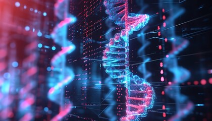 Abstract digital rendering of a DNA double helix with glowing blue and red lights, surrounded by data streams.
