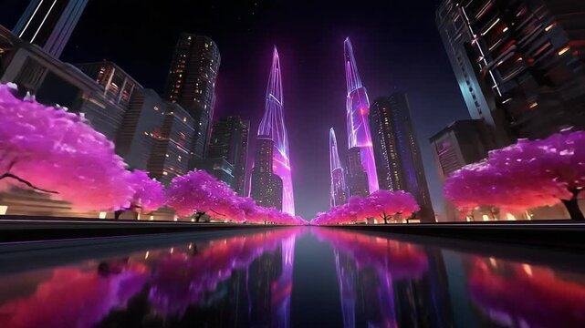 Futuristic cityscape with purple neon skyscrapers, pink trees along a reflective canal, and a glowing night skyline.