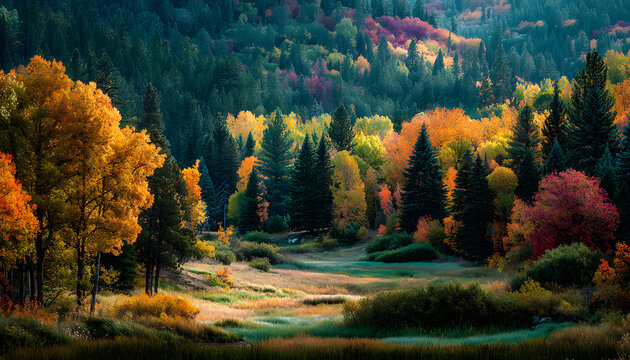 vibrant autumn foliage colorful leaves serene forestscenic nature landscape fal breeze tree sunlight meaow pine maple oak birch as wilderness
