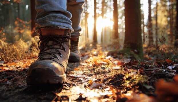 Hiking boots on a forest path at sunset.  Sunlight streams through the trees illuminating the path.  Low angle view of a person walking