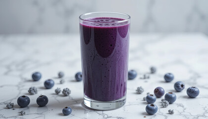 A thick and vibrant blueberry smoothie is presented in a clear glass, surrounded by fresh blueberries on a sleek marble countertop. The rich purple color invites enjoyment