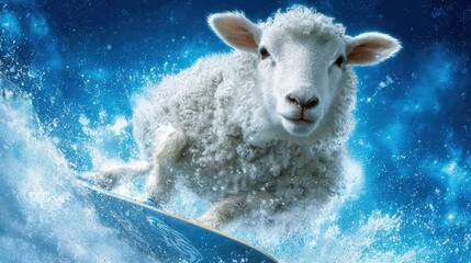 Close-up of a curious fluffy white sheep standing on snowy mountain slope under clear blue sky with snowflakes falling
