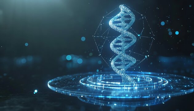 A glowing, digital DNA helix model floats on a circular platform, encircled by a geometric structure. - Powered by Adobe