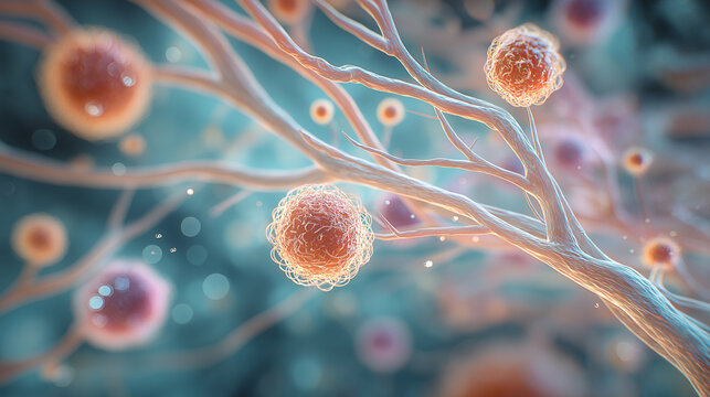 Streptomyces bacteria, generative ai illustration. Filamentous, spore-forming bacteria known for producing antibiotics and causing rare human infections