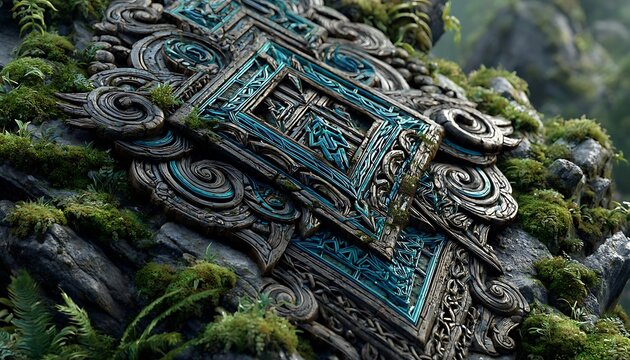 Runic glyph patterns with holographic teal shimmer on grunge stone texture