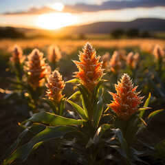 Warm golden-hour close-up of glowing orange wildflowers in soft backlight creating dreamy natural atmosphere
